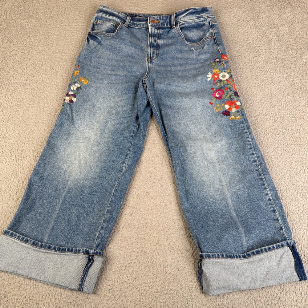 Talbots Jeans Womens 34 Blue Straight Leg Floral Embroidered Plus Size Cuffed